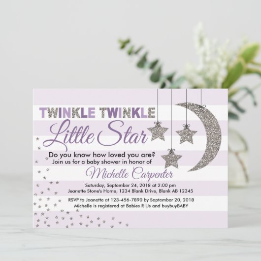 女の子のベビーシャワーの誘いがきらめく小さな星 招待状 (スタンド正面)