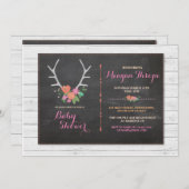 女の子のベビーシャワーの雄鹿のピンクの素朴な花の招待 招待状 (正面/裏面)