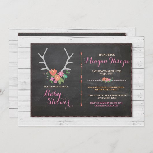 女の子のベビーシャワーの雄鹿のピンクの素朴な花の招待 招待状 (正面/裏面)