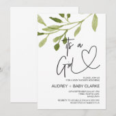 女の子のベビーシャワーパーティー エレガント ユーカリ 招待状 (正面/裏面)