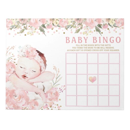 女の子のベビーシャワービンゴゲームカード ノートパッド (正面)