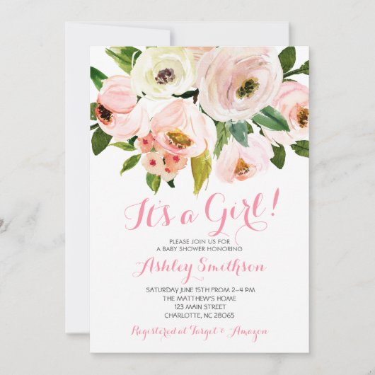 女の子のベビーシャワー招待状、ピンクの花 招待状 (正面)