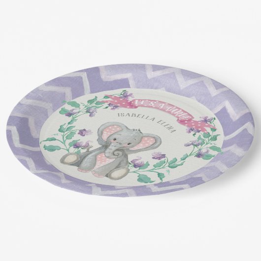 女の子のベビーシャワー象愛らしい象の花柄 ペーパープレート (アングル)