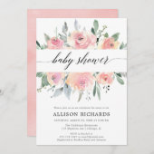 女の子のベビーシャワー、エレガントな赤面のピンクの花柄 招待状 (正面/裏面)