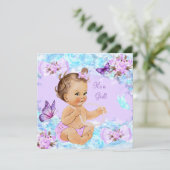 女の子のベビーシャワー ティール パープル バタフライ ブルネット 招待状 (スタンド正面)