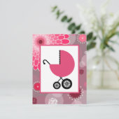 女の子のベビーシャワー - ピンクのキャリッジ ドット&フラワー 招待状 (スタンド正面)
