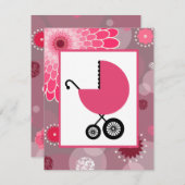 女の子のベビーシャワー - ピンクのキャリッジ ドット&フラワー 招待状 (正面/裏面)