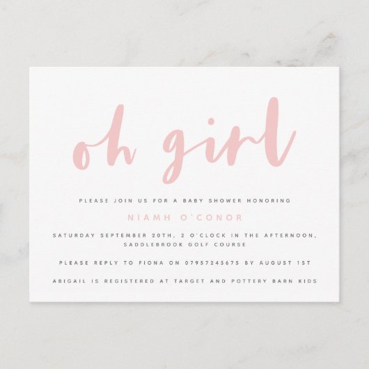 女の子のベビーシャワー ポストカード (正面)