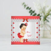 女の子のベビーシャワー 赤 白 ポルカドット 黒髪 招待状 (スタンド正面)