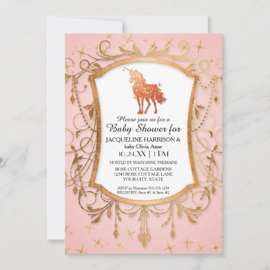 女の子のベビーシャワー 魔法のユニコーン ローズゴールド スパークル 招待状 (正面)