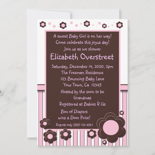 女の子のベビーピンクとモダンブラウンのデイジーシャワー 招待状 (正面)