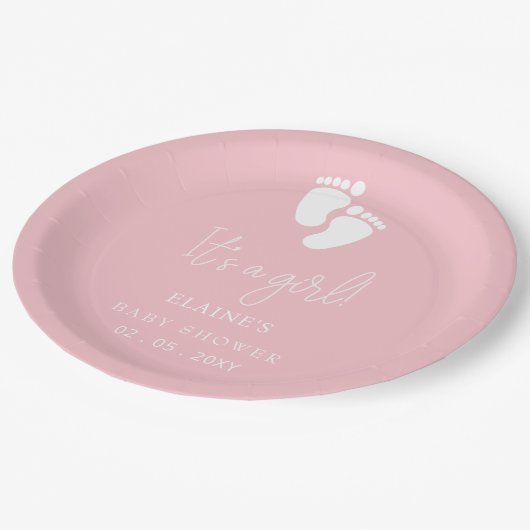 女の子のベビーフットプリントかわいいピンクの赤ちゃんシャワー ペーパープレート (アングル)