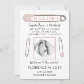 女の子のベビー写真ピンクの誕生のお知らせ 案内状 (正面)