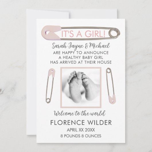 女の子のベビー写真ピンクの誕生のお知らせ 案内状 (正面)