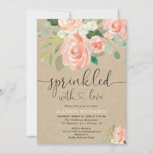 女の子のベビー振りかける桃フローラ素朴クラフト 招待状 (正面)