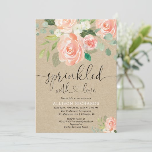 女の子のベビー振りかける桃フローラ素朴クラフト 招待状 (スタンド正面)