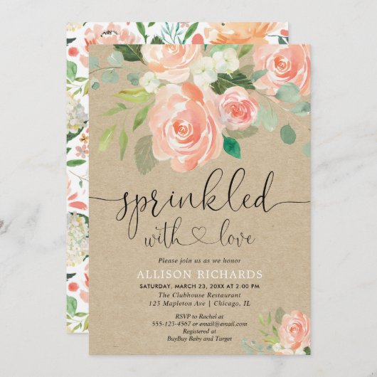 女の子のベビー振りかける桃フローラ素朴クラフト 招待状 (正面/裏面)
