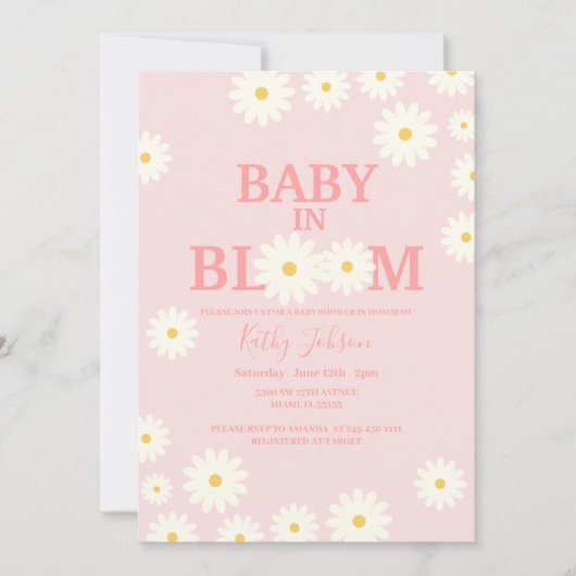 女の子のベビー開花デイジーフローラピンクベビーシャワー 招待状 (正面)