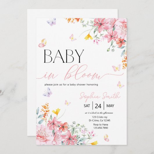 女の子のベビー開花バタフライベビーシャワー 招待状 (正面/裏面)