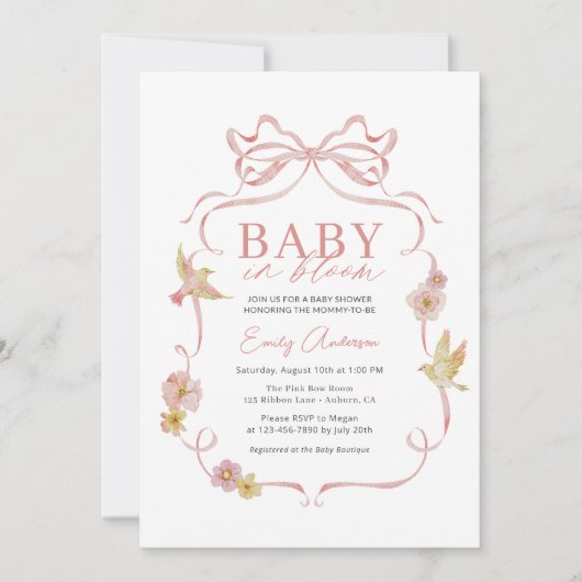 女の子のベビー開花ピンクボウワイルドフラワーシャワー 招待状 (正面)