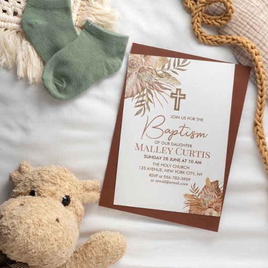 女の子のベビー ボーホー フラワー ブラウン 洗礼招待状 招待状