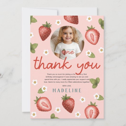女の子のベリー ファースト キッズ 1歳の誕生日写真 サンキューカード (正面)