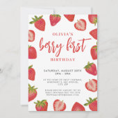 女の子のベリー ファースト ストロベリー誕生日パーティー 招待状 (正面)