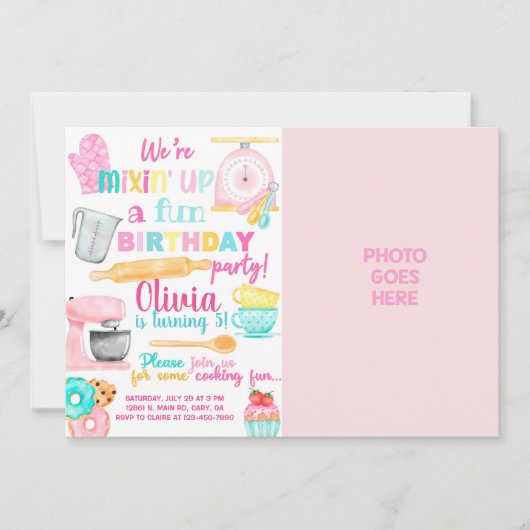 女の子のベーキング/料理写真の誕生日の招待状。i 招待状 (正面)
