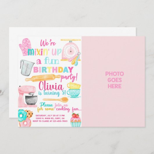 女の子のベーキング/料理写真の誕生日の招待状。i 招待状 (正面/裏面)