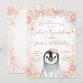 女の子のペンギン冬の雪の結晶の誕生日招待状 招待状 (正面/裏面)