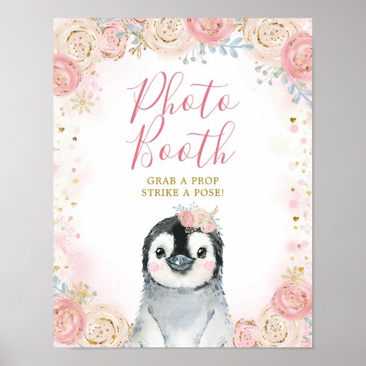 女の子のペンギン冬の雪の結晶フォトブース看板 ポスター (正面)