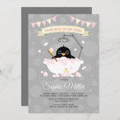 女の子のペンギン出産前祝い招待状 招待状 (正面/裏面)