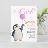 女の子のペンギン ピンクの風船 水彩 赤ちゃんのお披露目パーティー 招待状 (スタンド正面)