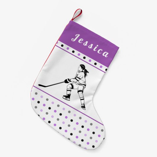 女の子のホッケー選手 ピンクの水玉 キッズ名前 スモールクリスマスストッキング (正面 (吊り時))