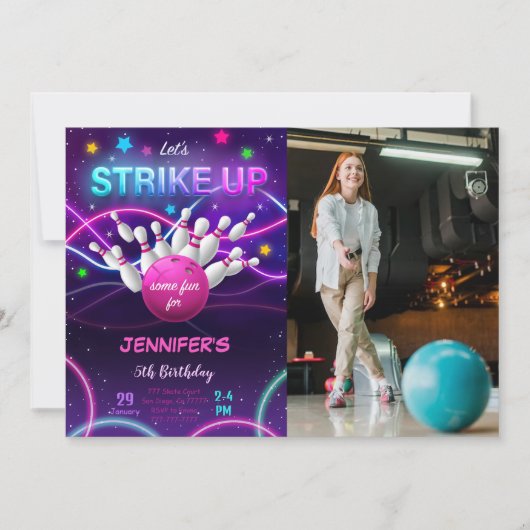 女の子のボウリング誕生日写真招待状 招待状 (正面)