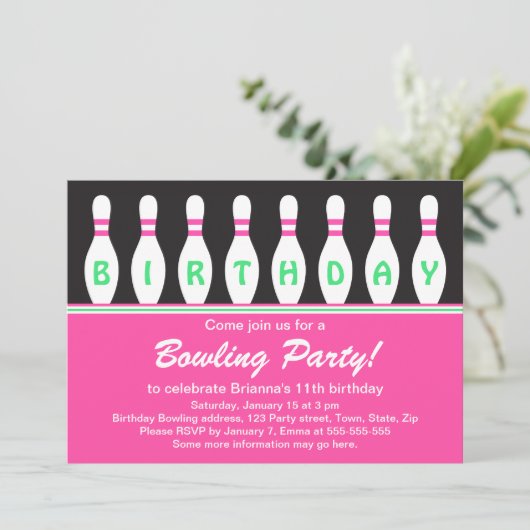 女の子のボーリング誕生日パーティーへの招待（ピン付き） 招待状 (スタンド正面)