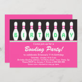女の子のボーリング誕生日パーティーへの招待（ピン付き） 招待状 (正面/裏面)
