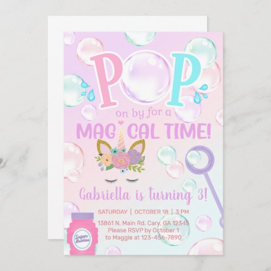 女の子のポップ・アートの誕生日招待状でバブルをオンにする。 招待状 (正面/裏面)