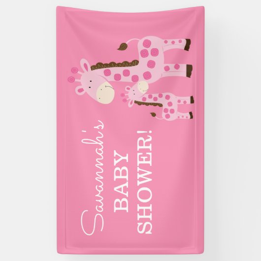 女の子のママとベビーキリンのシャワーバナーピンク 横断幕 (縦)