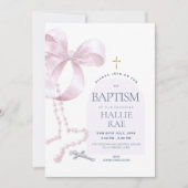 女の子のモダンピンクリボン＆ロザリオ 洗礼招待状 招待状 (正面)