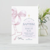 女の子のモダンピンクリボン＆ロザリオ 洗礼招待状 招待状 (スタンド正面)
