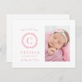 女の子のモノグラム出産の発表カード ポストカード (正面/裏面)