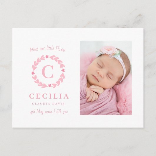 女の子のモノグラム出産の発表カード ポストカード (正面)