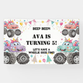 女の子のモンスタートラック誕生日バナー ピンクの車 横断幕