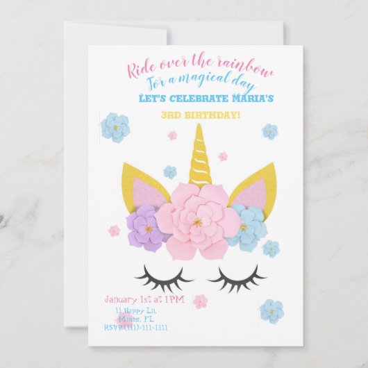 女の子のユニコーンの誕生日のパーティの招待状 招待状 (正面)
