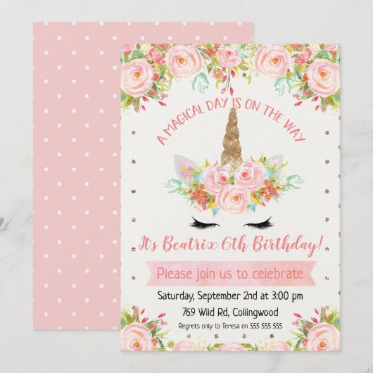 女の子のユニコーンバースデー招待状 招待状 (正面/裏面)