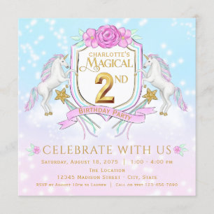 女の子のユニコーン2歳の誕生日パーティーの招待状 招待状