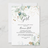 女の子のユーカリ金ゴールドの赤ちゃんシャワー 招待状 (正面)