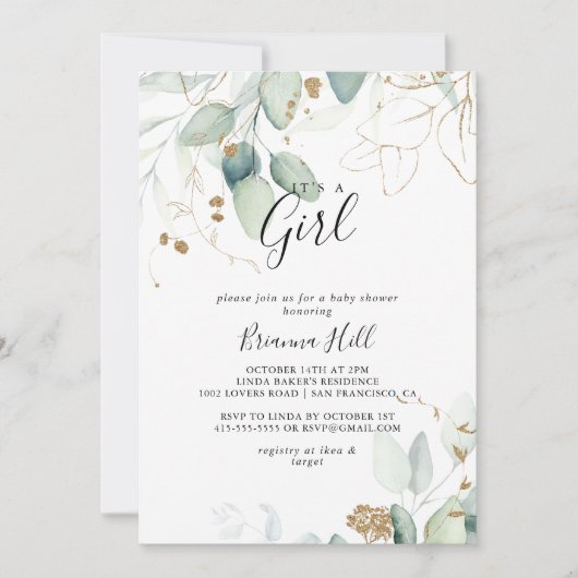 女の子のユーカリ金ゴールドの赤ちゃんシャワー 招待状 (正面)