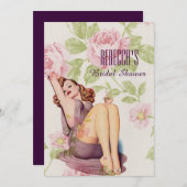 女の子のレトロのブライダルシャワーの上のヴィンテージの花ピン 招待状 (正面/裏面)